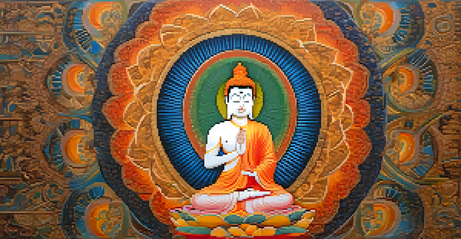 A Buddha figure in the 'abhaya mudra' gesture, surrounded by a radiant halo and colorful patterns, symbolizing peace and protection.