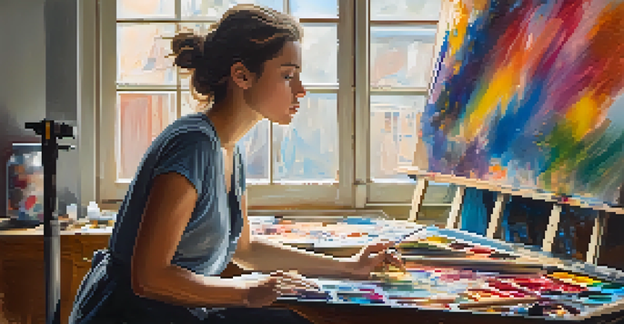 A young woman in an art studio, surrounded by colorful paint and art supplies, deep in thought as she engages in self-portraiture.