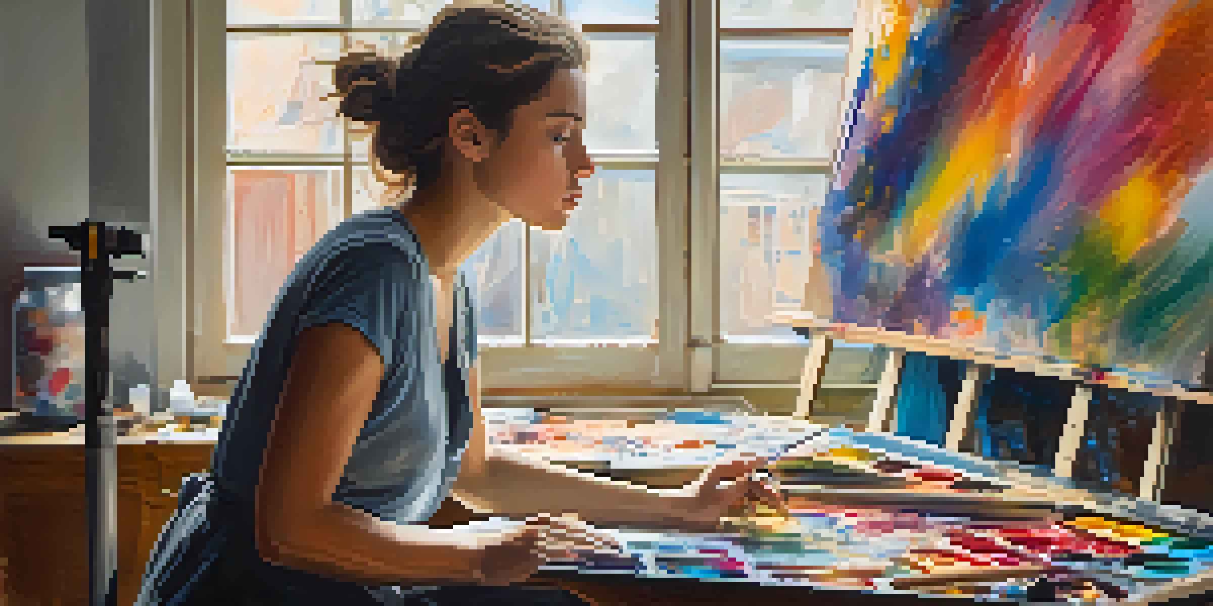 A young woman in an art studio, surrounded by colorful paint and art supplies, deep in thought as she engages in self-portraiture.