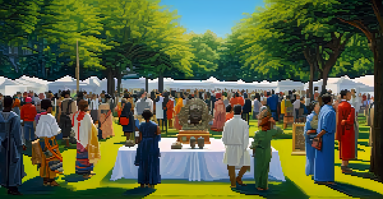 An outdoor art exhibition with various cultural artworks displayed in a park, with people admiring them.