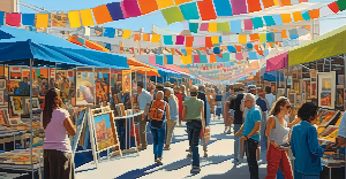A lively art fair with a diverse crowd engaging with colorful artworks under bright natural light.
