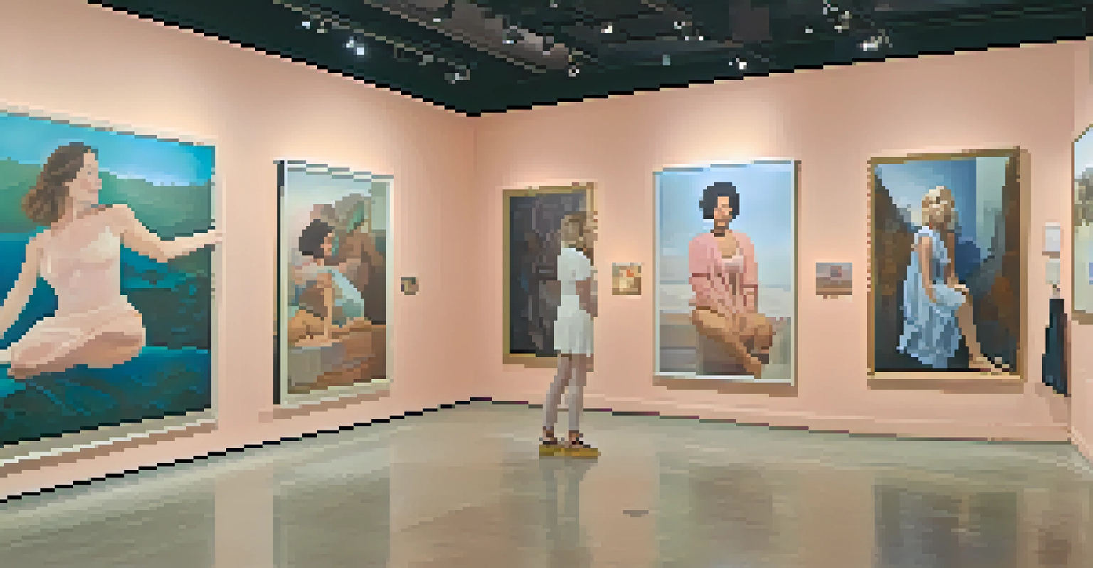 A gallery showcasing feminist art with visitors engaging with the powerful paintings, spotlighting a central piece.