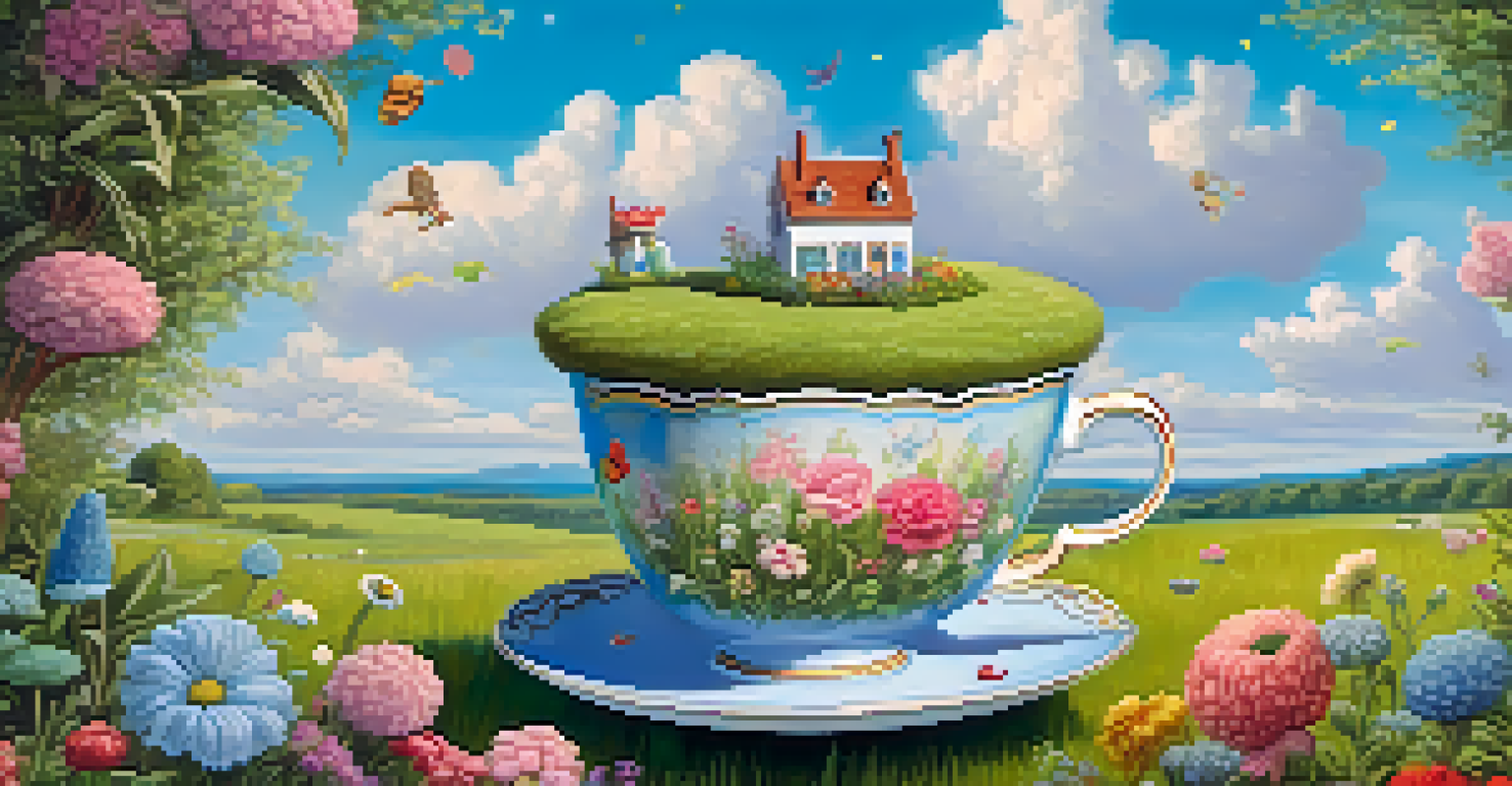 A giant floating teacup in the sky above a colorful meadow filled with oversized flowers.