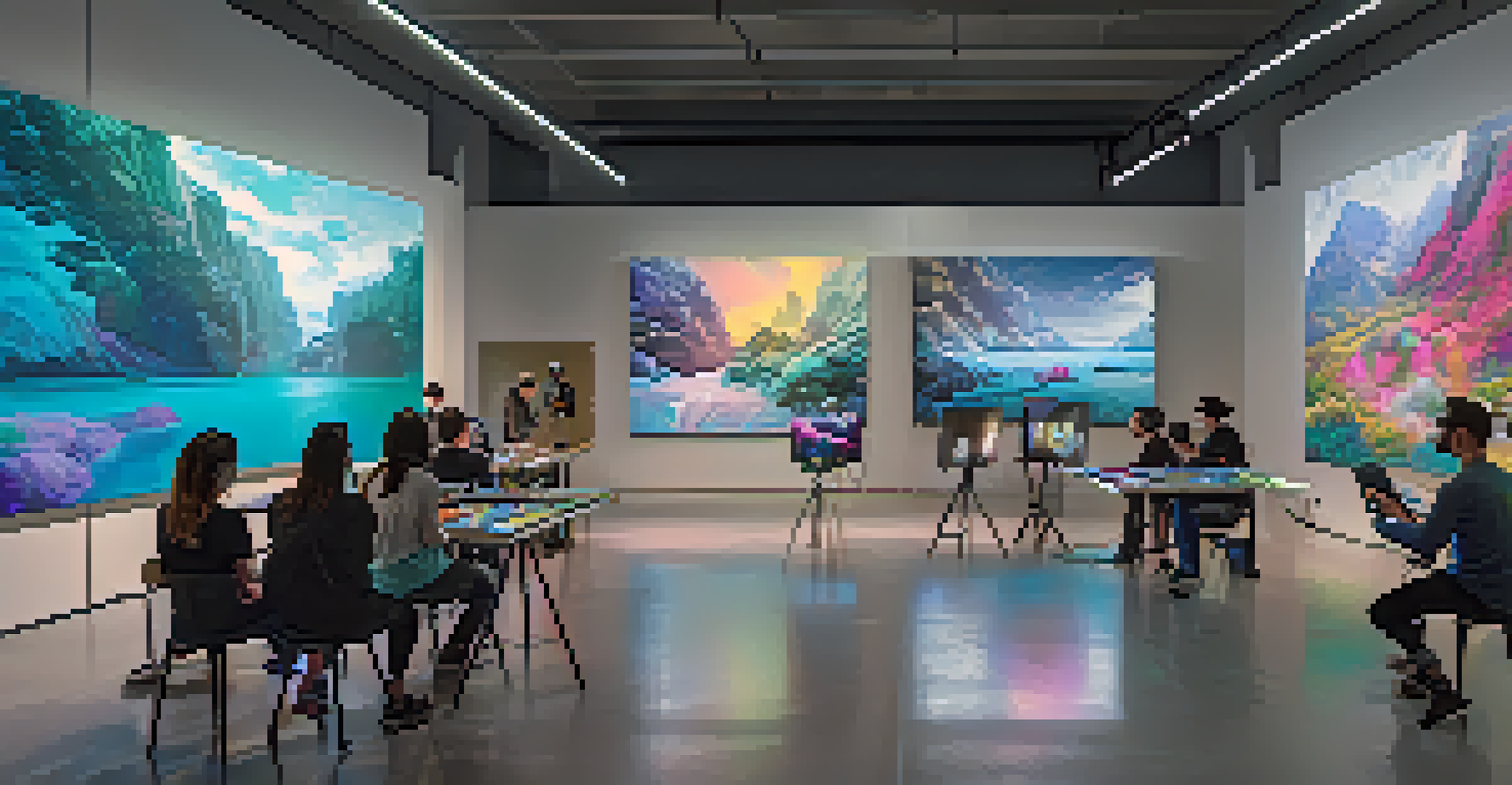 A workshop in a museum where artists are learning to paint using virtual reality technology, surrounded by screens and colorful visuals.
