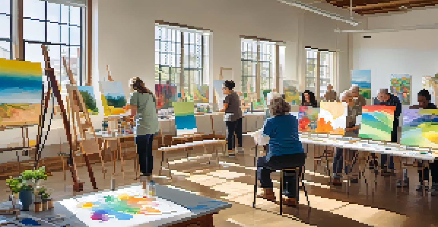 A community art workshop with local artists and residents creating artworks together in a bright open space.