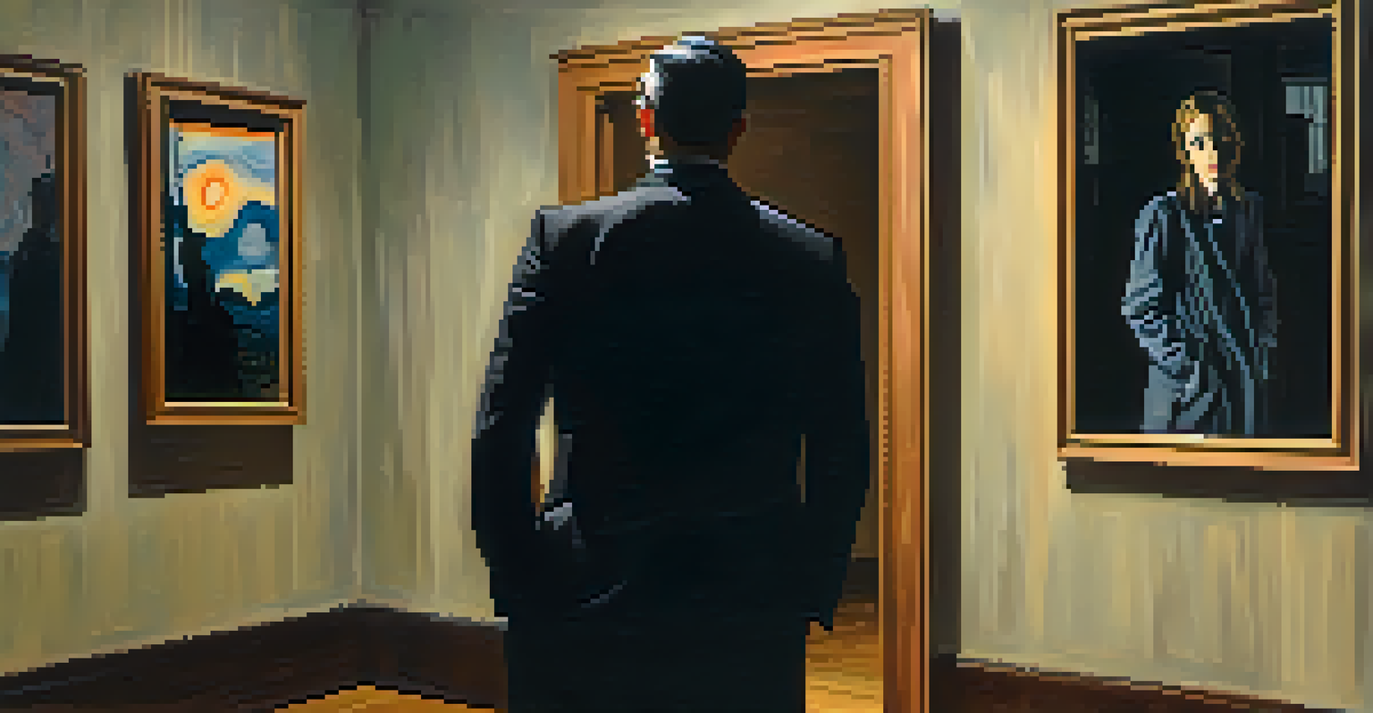 A character in a dimly lit room reacting emotionally to a famous painting, 'The Scream.'
