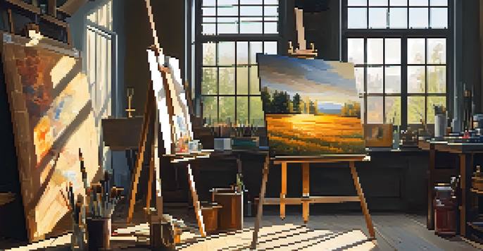 An art studio filled with natural light, featuring a wooden easel with an unfinished painting and colorful art supplies on a table.