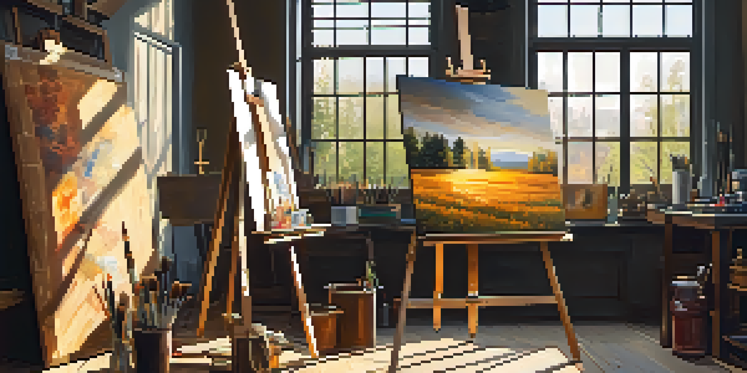An art studio filled with natural light, featuring a wooden easel with an unfinished painting and colorful art supplies on a table.
