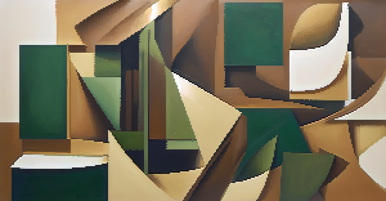 An abstract artwork with fragmented earthy shapes in brown and green tones, illuminated by warm light.