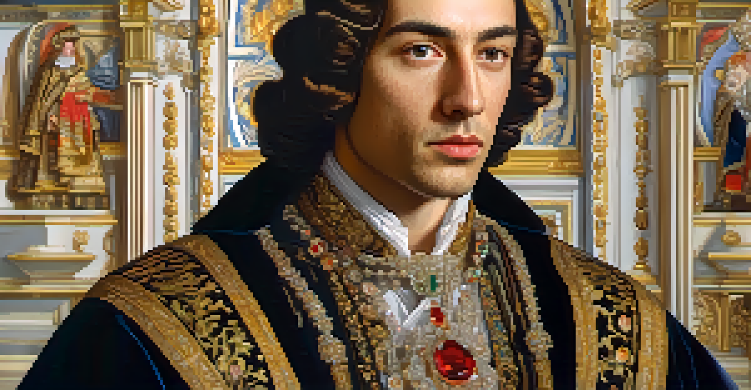 A close-up of a gentleman in a lavish embroidered cloak, with a contemplative expression, and symbolic objects in the background.