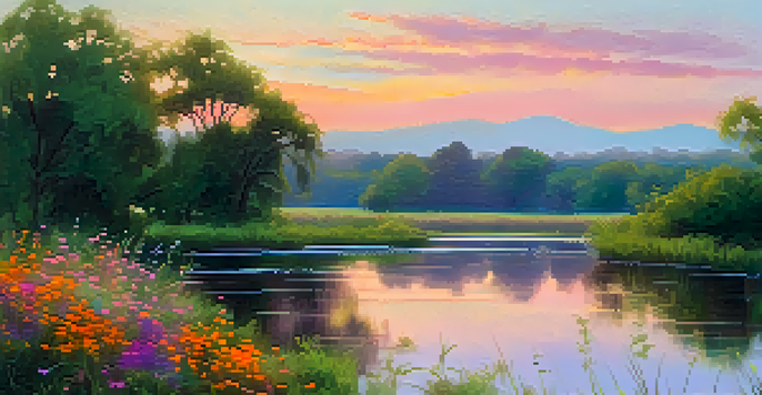 A tranquil river scene at sunset, featuring vibrant colors in the sky and lush greenery along the banks.