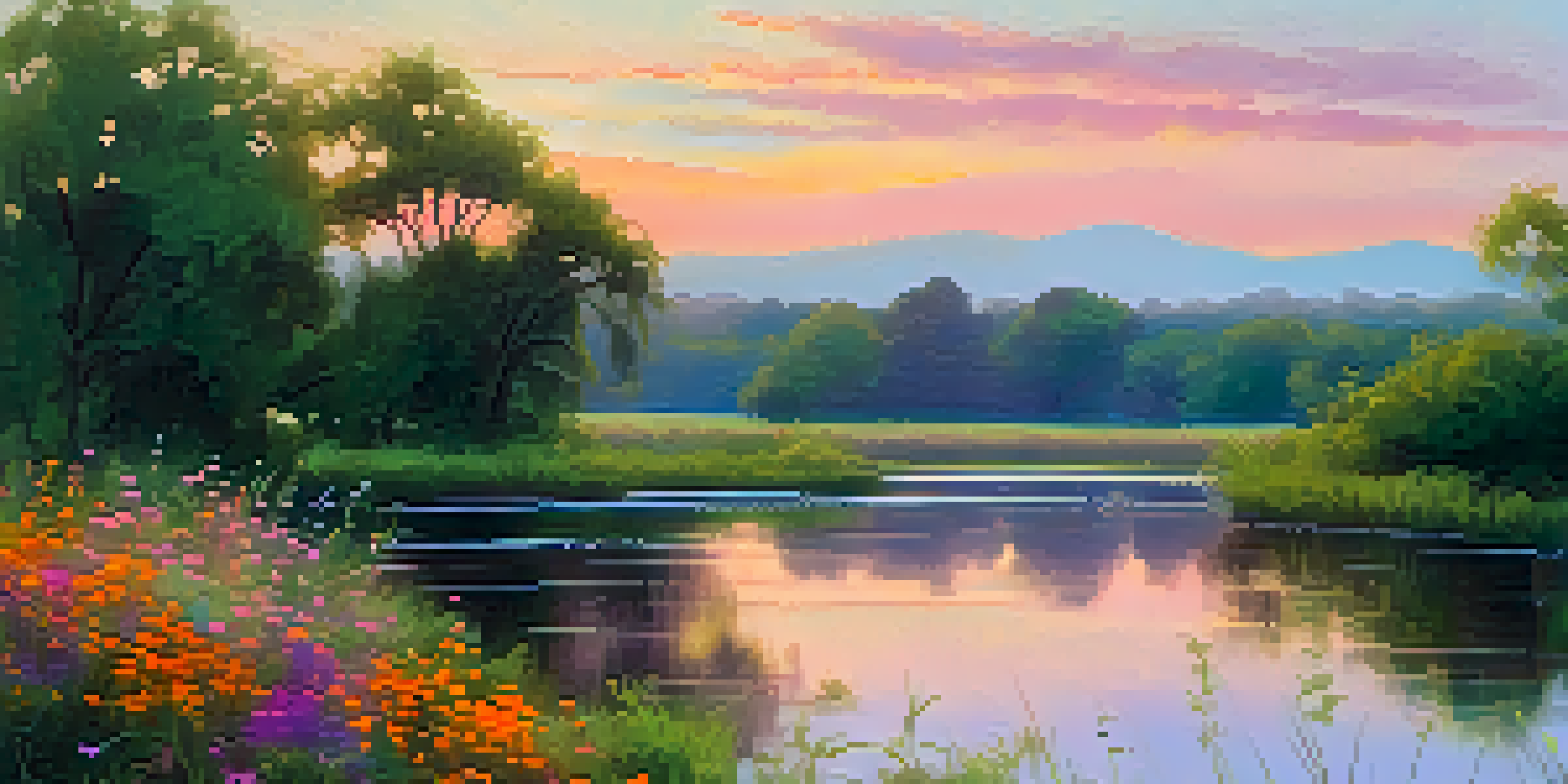 A tranquil river scene at sunset, featuring vibrant colors in the sky and lush greenery along the banks.