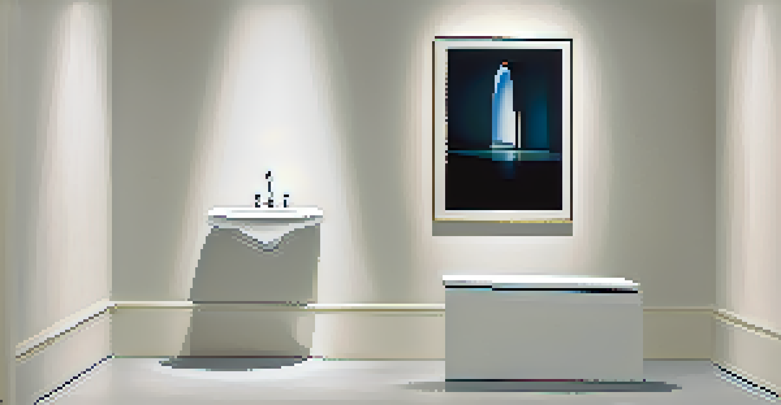 A modern art gallery showcasing a urinal artwork, spotlighted against a minimalist background, paying homage to Marcel Duchamp's Dadaism.