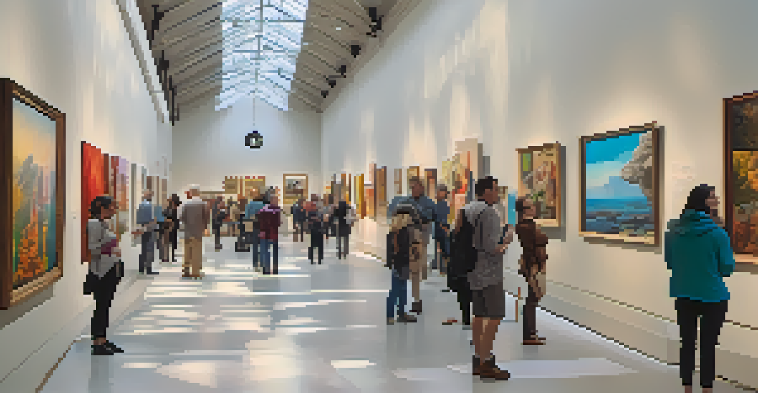 An art exhibition featuring diverse local artworks in a spacious gallery, with visitors admiring the colorful pieces under soft ambient lighting.
