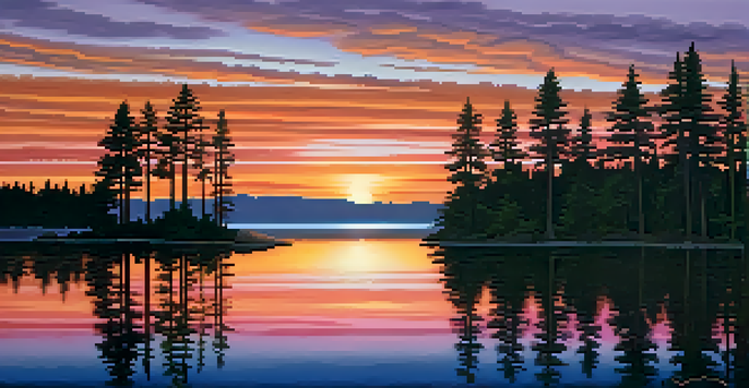 A peaceful landscape at sunset with colorful skies and a calm lake surrounded by silhouetted pine trees.