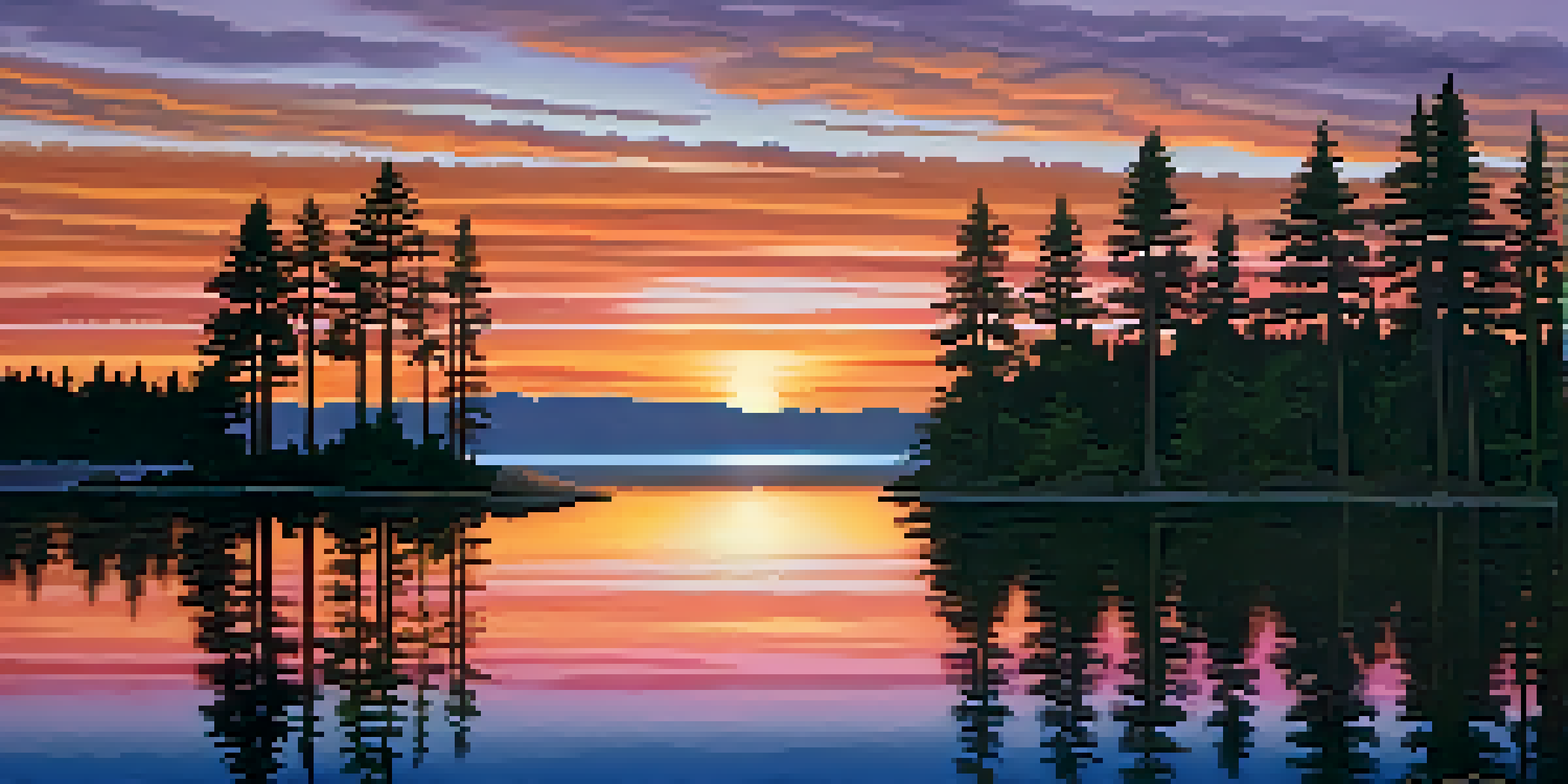 A peaceful landscape at sunset with colorful skies and a calm lake surrounded by silhouetted pine trees.
