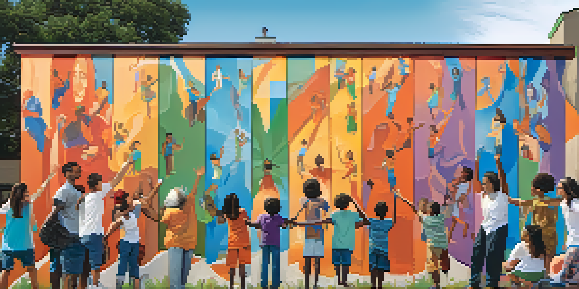 A colorful community mural showcasing diverse faces and arms reaching out, symbolizing unity. People engage with the artwork.