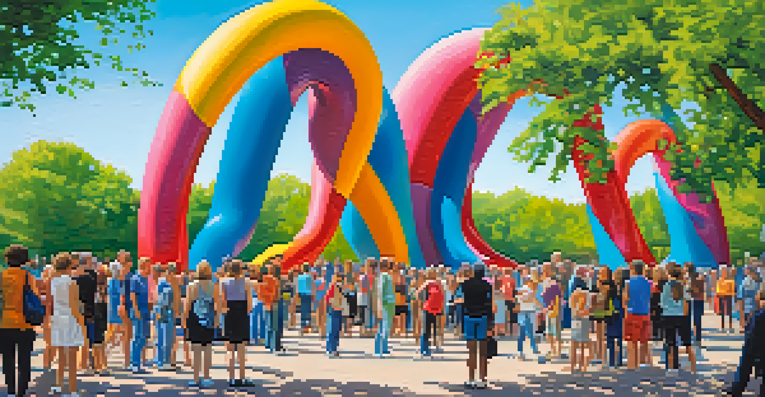 A public art installation with colorful sculptures symbolizing gender fluidity, set in a lively urban park with people interacting.