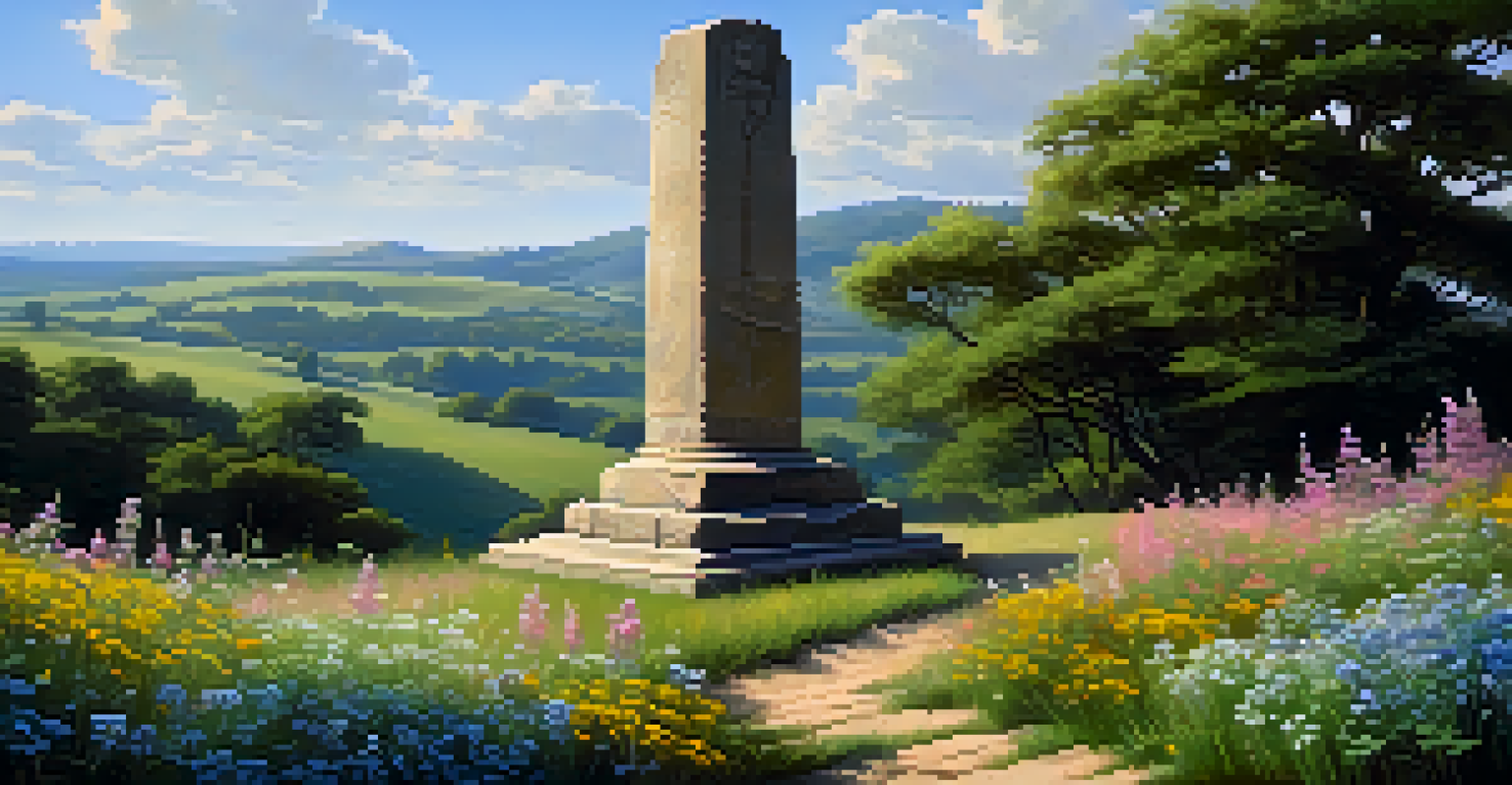 An ancient stone monument surrounded by wildflowers and greenery, with rolling hills and a clear blue sky in the background.