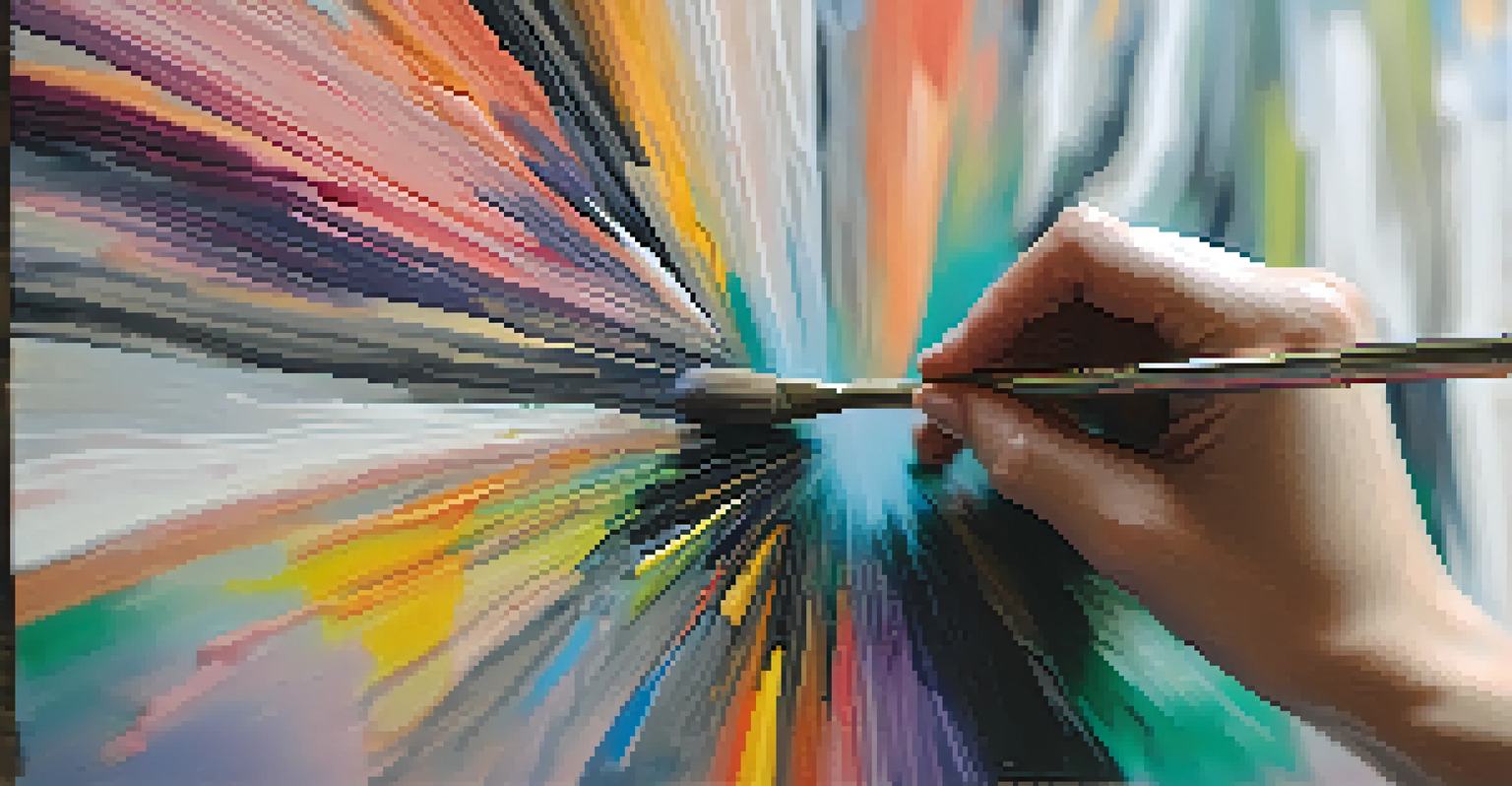 A close-up of an abstract painting in progress, showing vibrant colors and textures, with an artist's hand holding a brush.