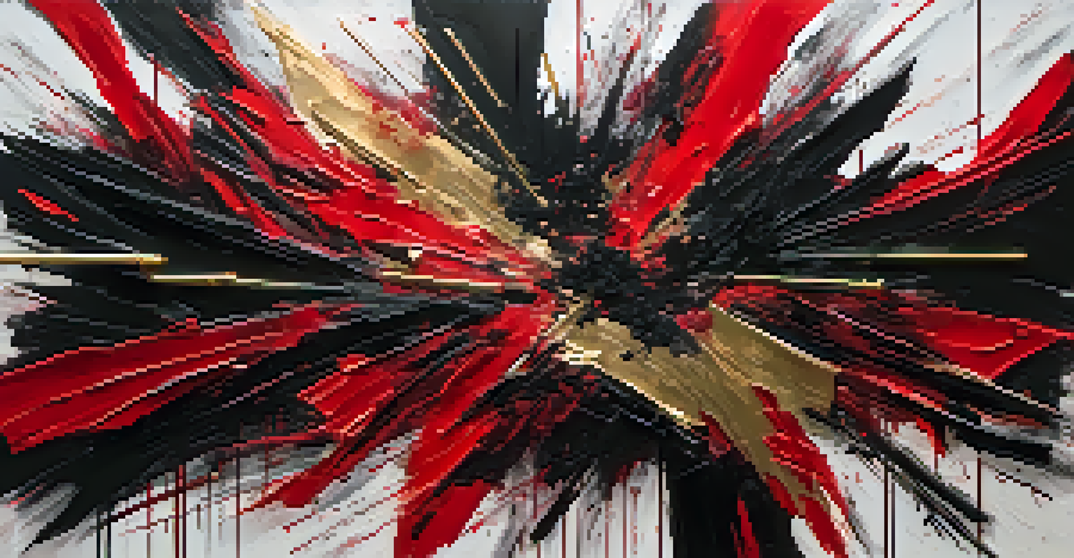 An abstract artwork with bold, jagged brush strokes in red and black, depicting chaos and tension, with a textured background.
