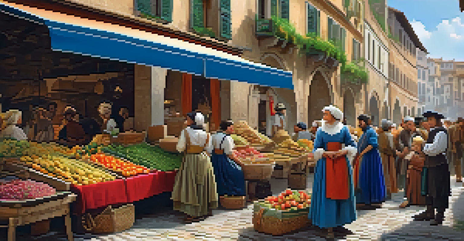 A lively Renaissance marketplace with merchants, colorful awnings, and people in period clothing.
