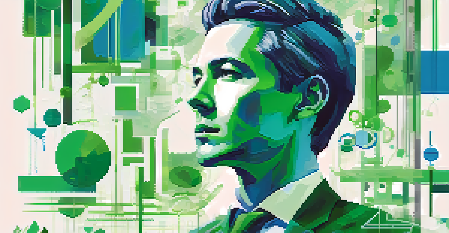 A digital artwork featuring a stylized portrait of a political candidate with abstract shapes and symbols representing progress, using a color palette of greens and blues.