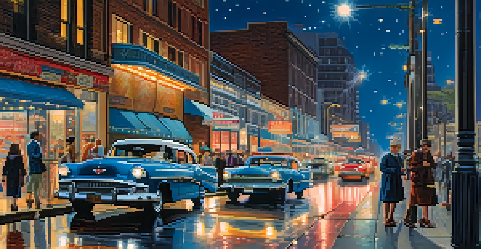 A vibrant city street at night with neon lights and diverse pedestrians.