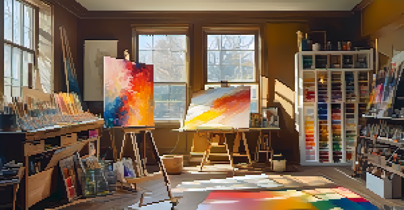 An artist's studio with art supplies and canvases, bathed in warm light, featuring a vibrant abstract painting in progress.