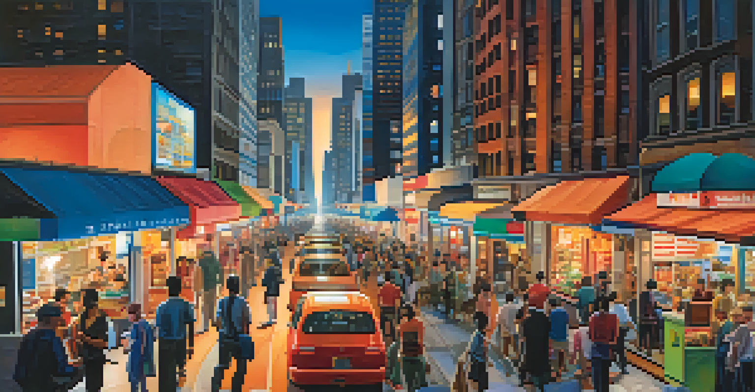 A vibrant city scene at twilight with illuminated skyscrapers, busy streets, and colorful lights.