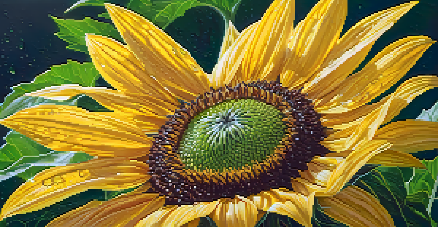 A close-up view of a yellow sunflower with dew drops, surrounded by green leaves, evoking feelings of joy and warmth.