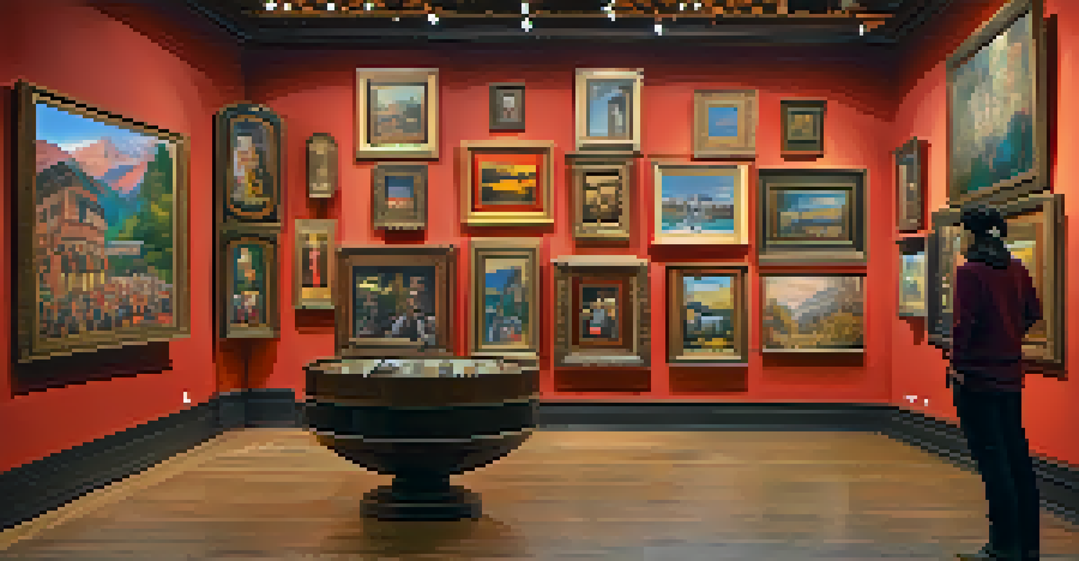 A character in an art gallery surrounded by traditional paintings, with warm lighting highlighting the colors and textures, expressing pride and nostalgia.