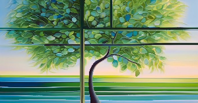 An abstract painting with soft blue and green shapes, radiating calmness and tranquility.