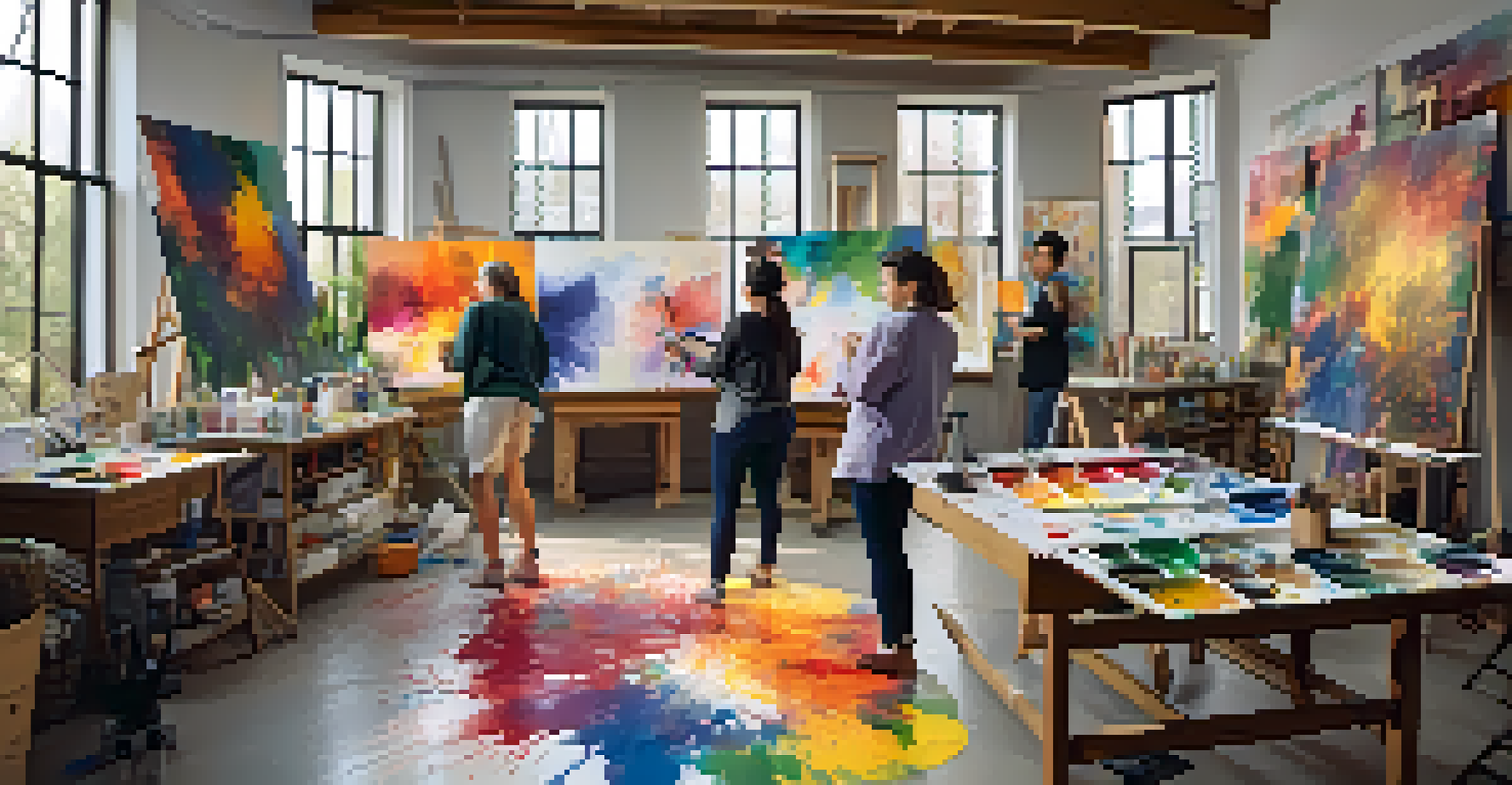 Artists from different cultures working together in a bright studio, surrounded by paints and cultural artifacts.