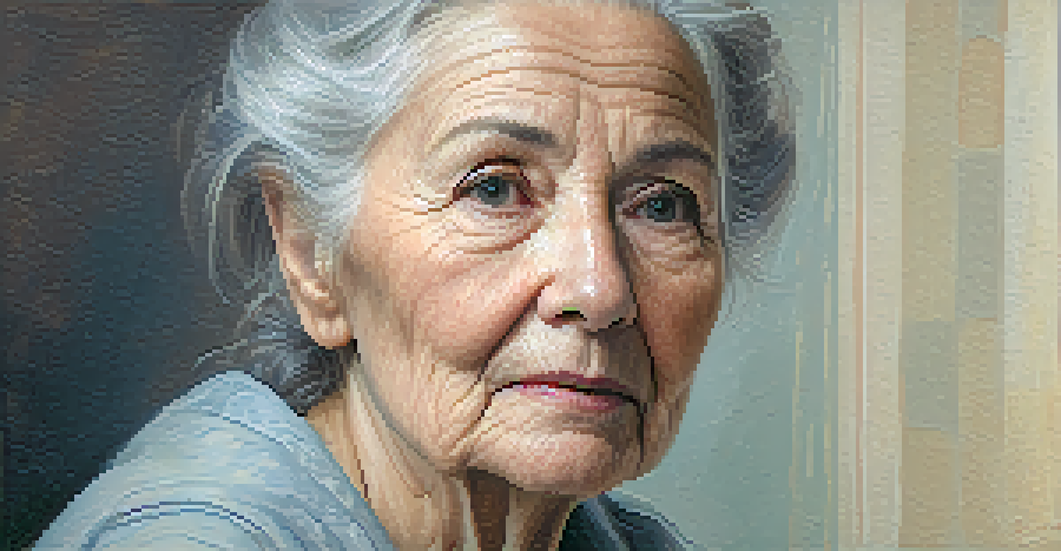 An elderly woman with a wise expression, softly illuminated against a pastel background, conveying deep emotion.