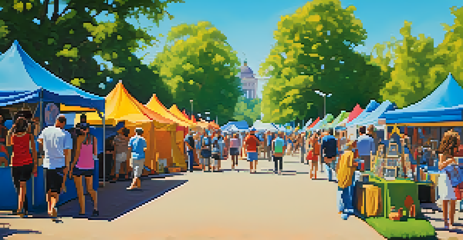 An art festival in a park with colorful tents and local artists showcasing their work, surrounded by attendees from different backgrounds under a clear blue sky.