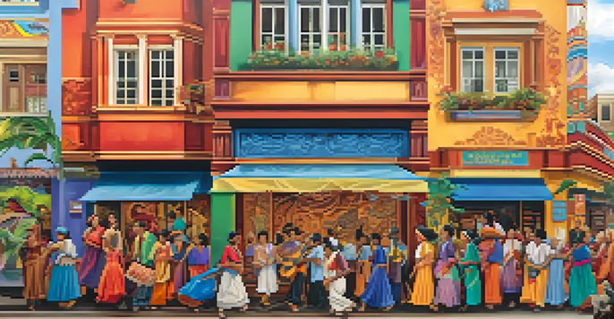 A colorful mural illustrating a diverse community celebrating their cultural heritage, with people admiring the artwork under warm sunlight.