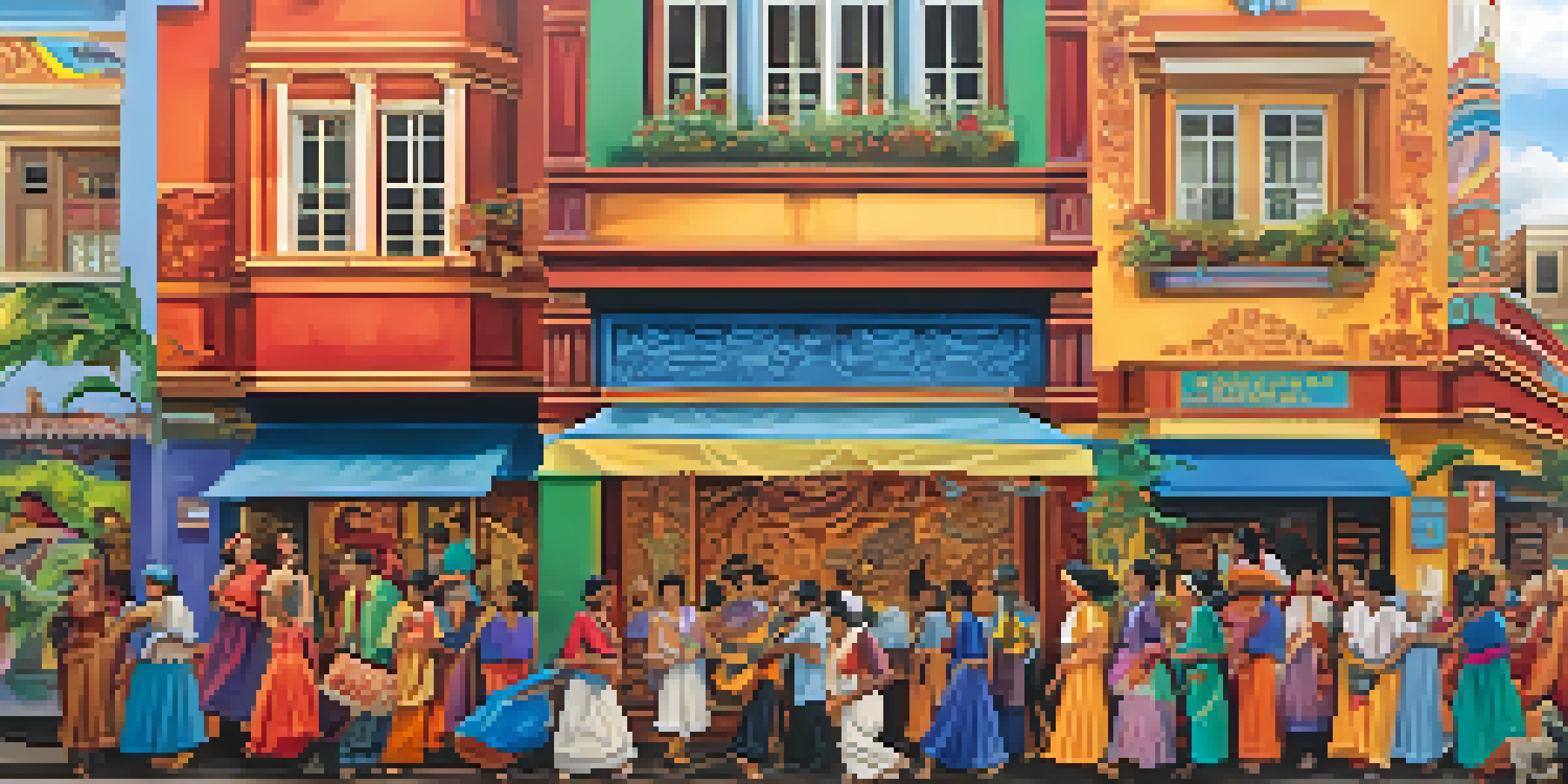 A colorful mural illustrating a diverse community celebrating their cultural heritage, with people admiring the artwork under warm sunlight.