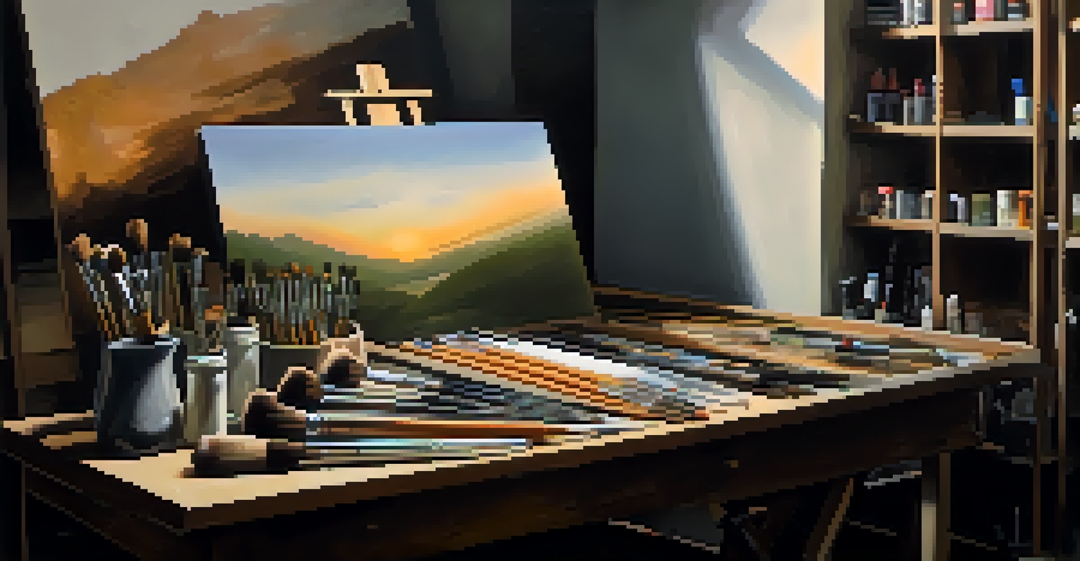An artist's workspace with brushes and a canvas showing a layered painting from dark to bright colors.
