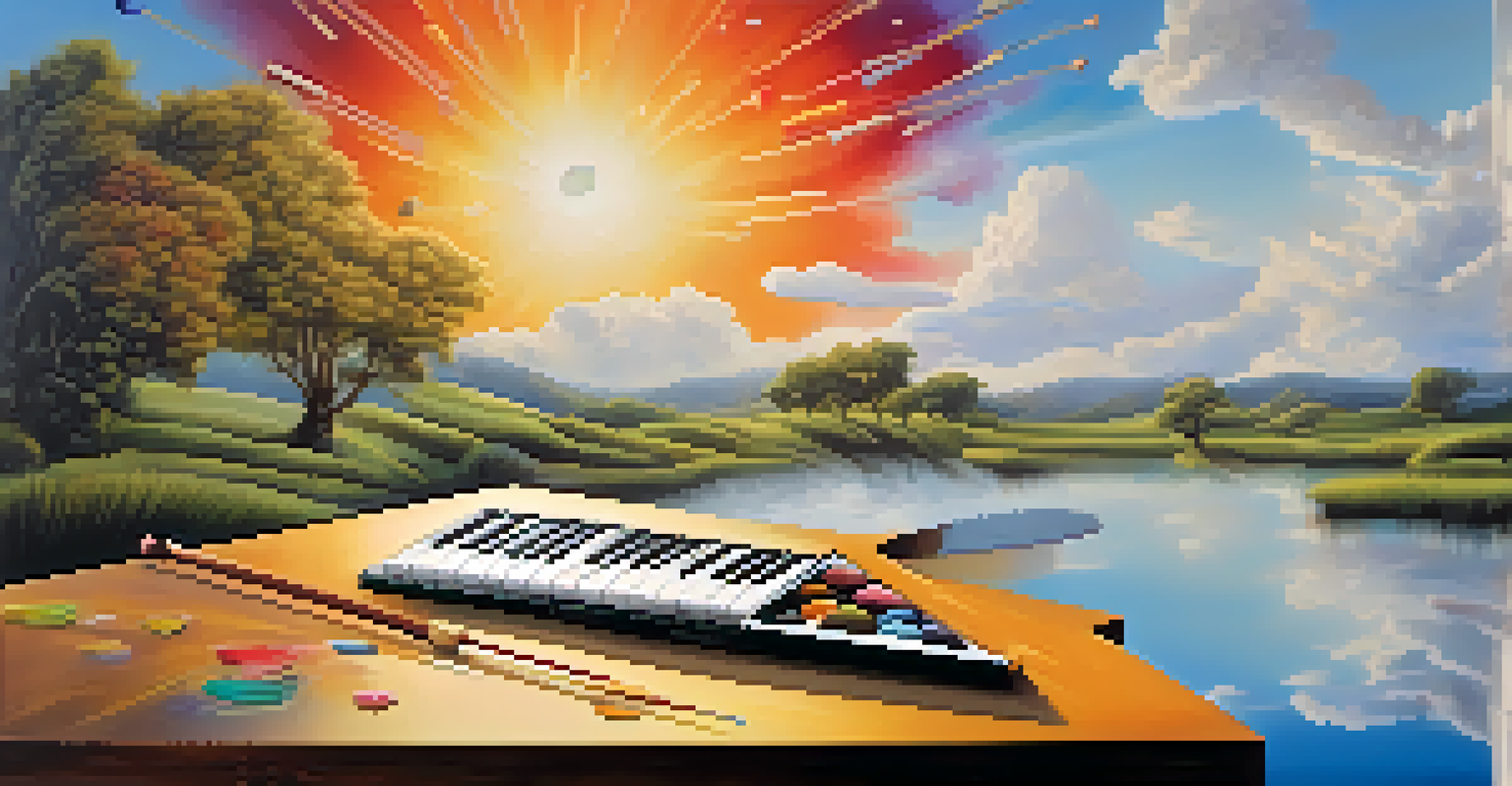 A painter's palette merging with a musical score, colorful paint turning into musical notes.