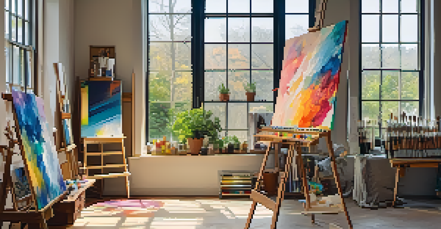 An artist's studio with canvases, paints, and a large window, featuring a vibrant unfinished abstract painting.