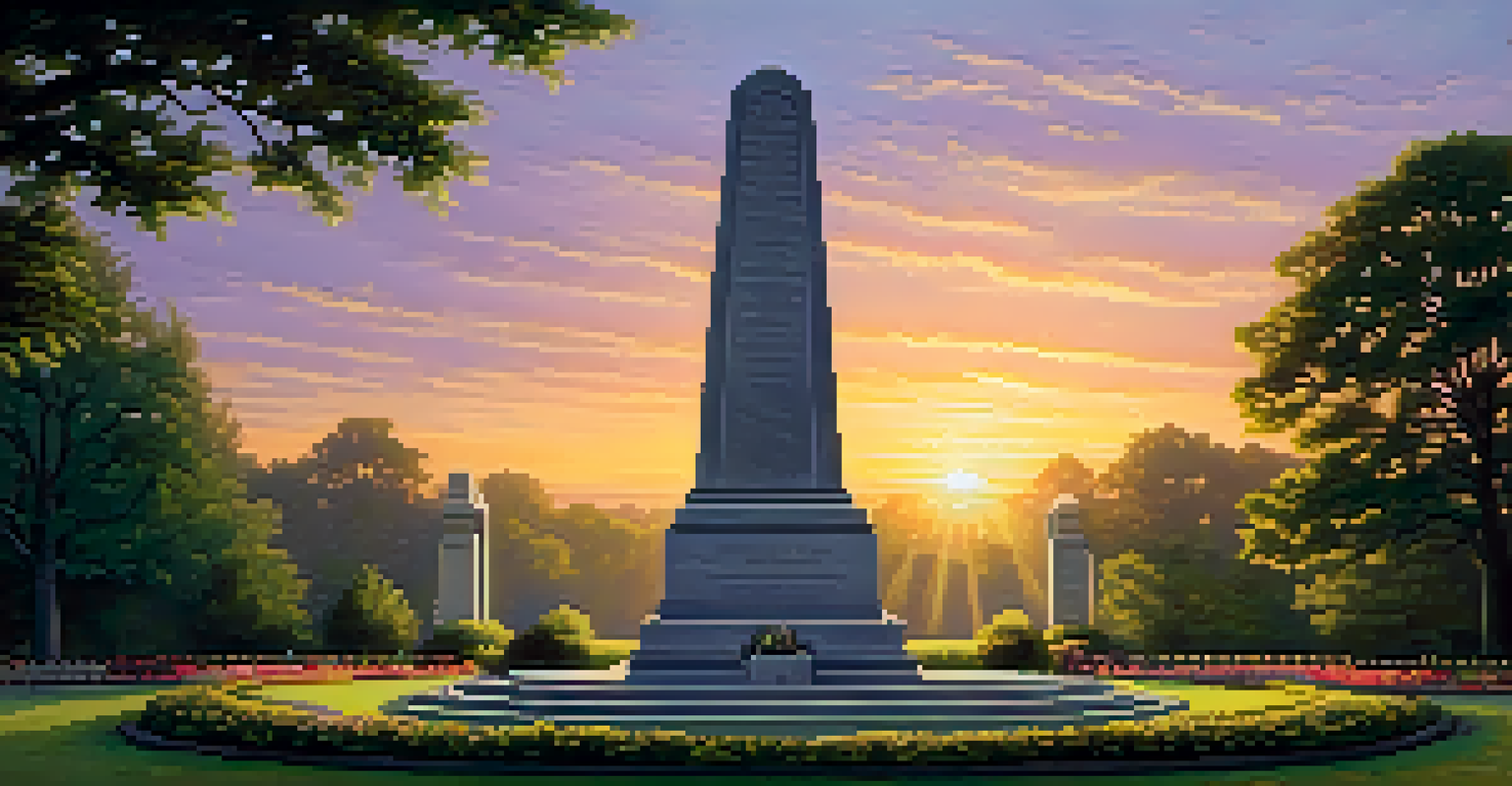 A war memorial at sunset with intricate carvings and flowers placed at its base.