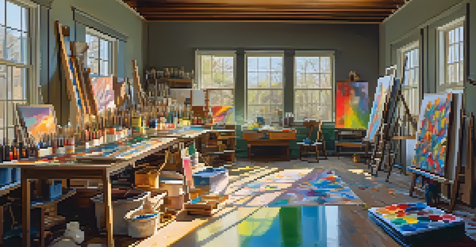 An artist's studio bathed in sunlight, showcasing colorful canvases and art supplies.