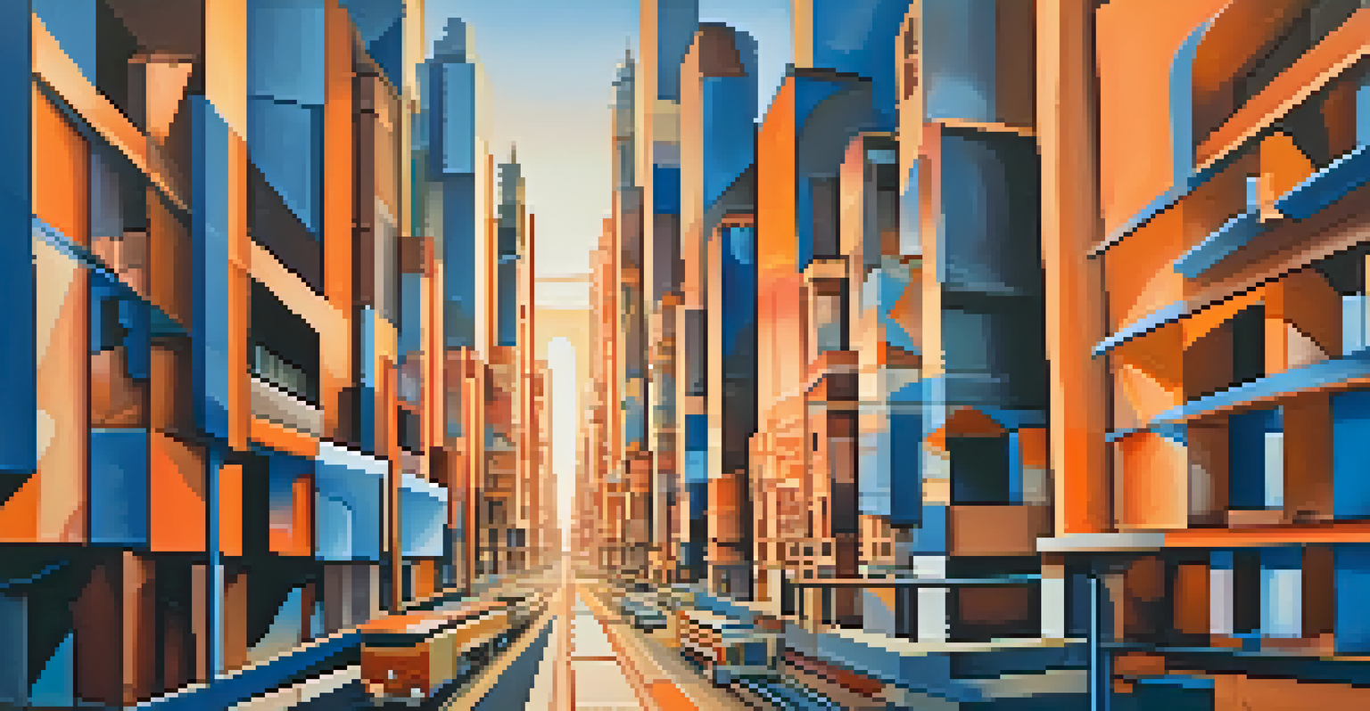 An abstract cityscape at sunset with buildings and streets depicted in geometric shapes and warm colors.