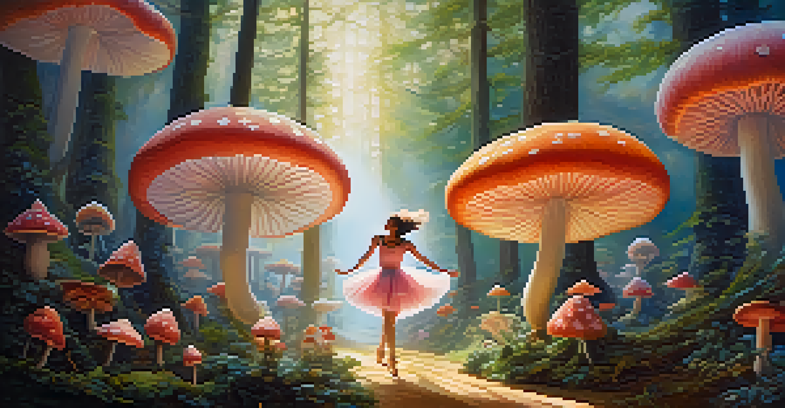 Dancers in whimsical costumes performing in a dreamlike forest with giant flowers and mushrooms.