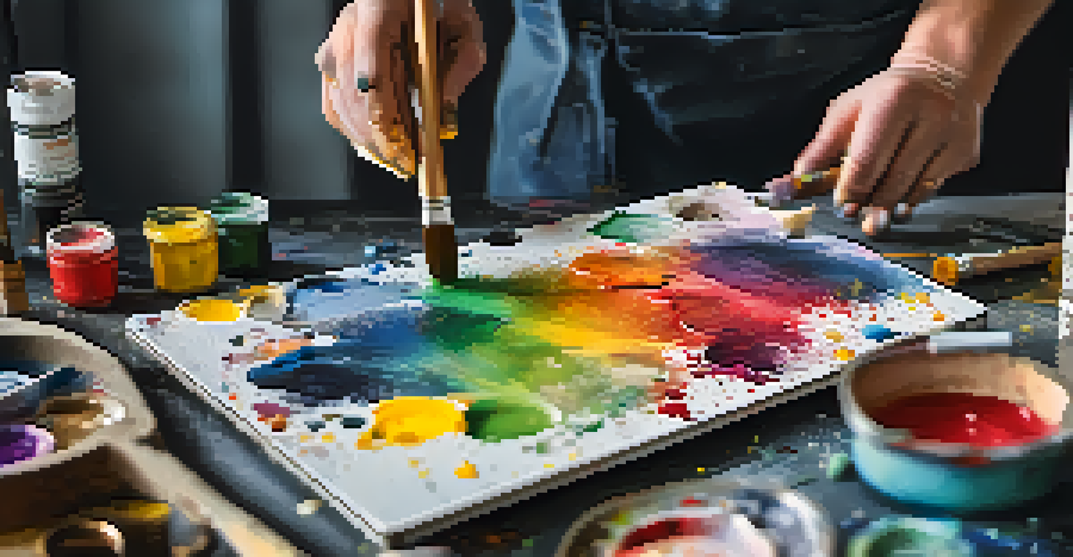 Close-up of a painter's hands blending colors on a palette with a canvas in the background.