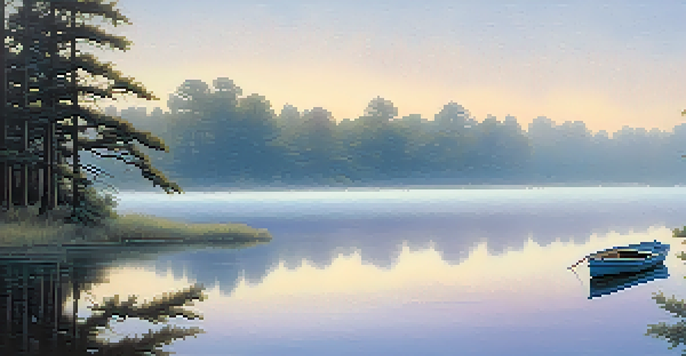 A peaceful morning scene showing a calm lake with mist and soft dawn light, surrounded by trees.