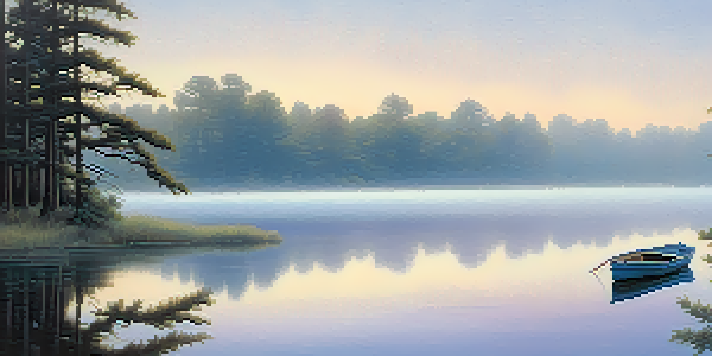 A peaceful morning scene showing a calm lake with mist and soft dawn light, surrounded by trees.