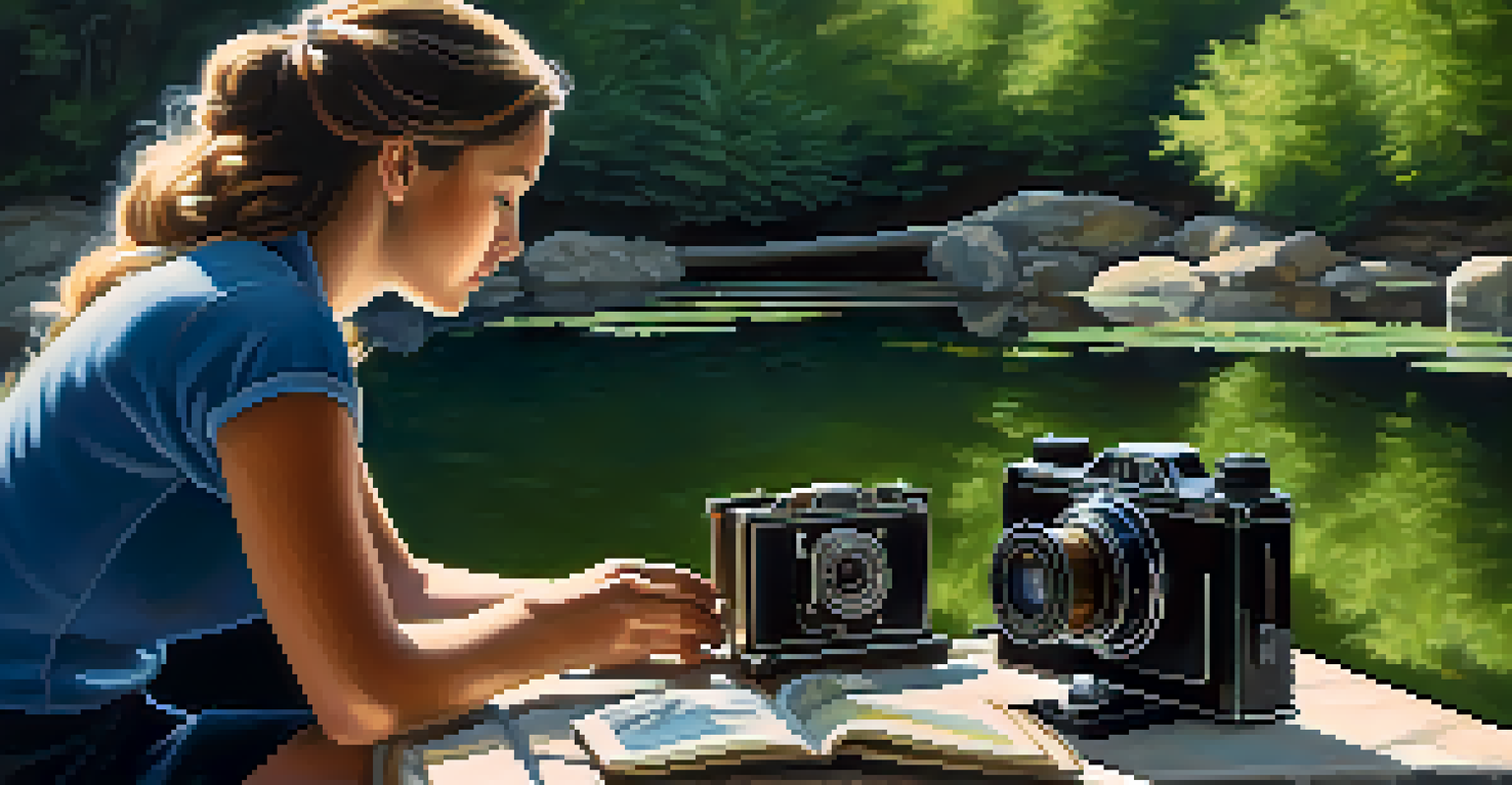 A collector inspecting a rare item in a peaceful outdoor environment, surrounded by greenery and sunlight.