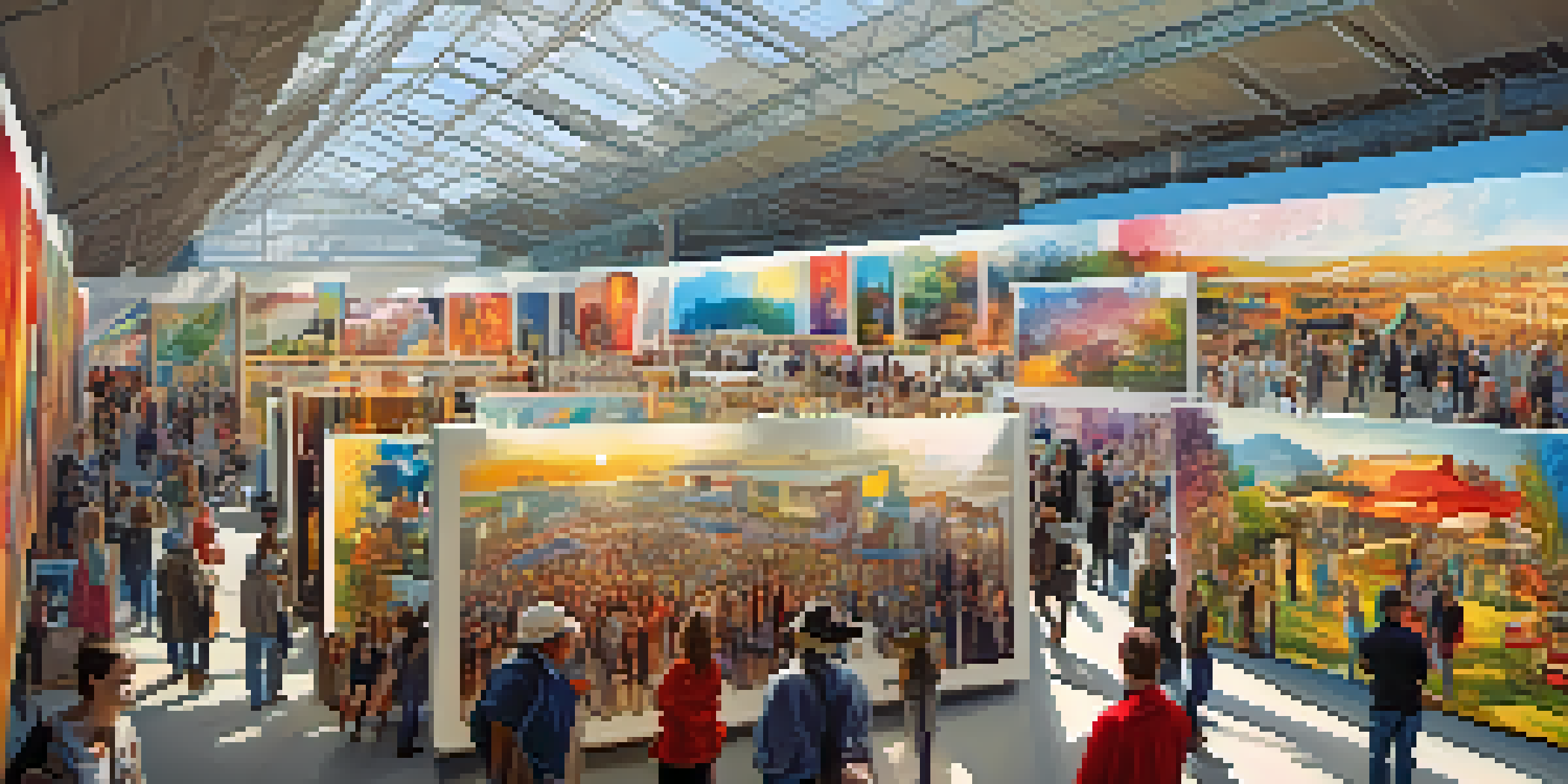 A wide view of an art fair filled with artists, collectors, and vibrant artworks under natural light.